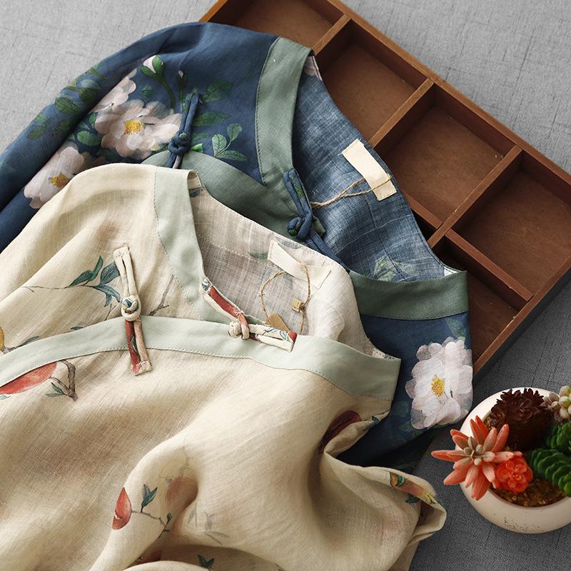 Blue Pomegranate Print Cotton Linen Tea Dress with Frog Buttons