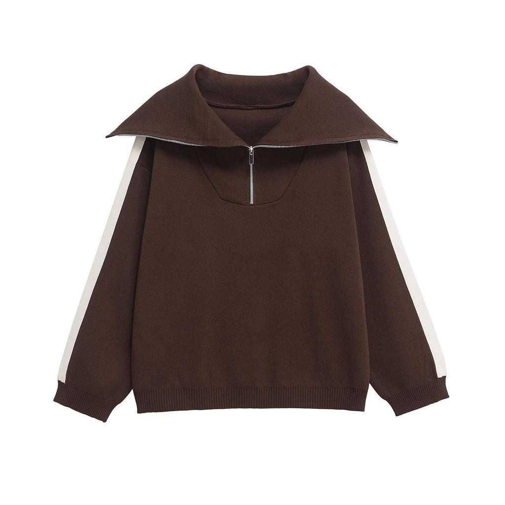 Весна 2025 Женский европейский и американский стиль С длинным рукавом Стойка воротника Вязаный свитшот с длинными брюками