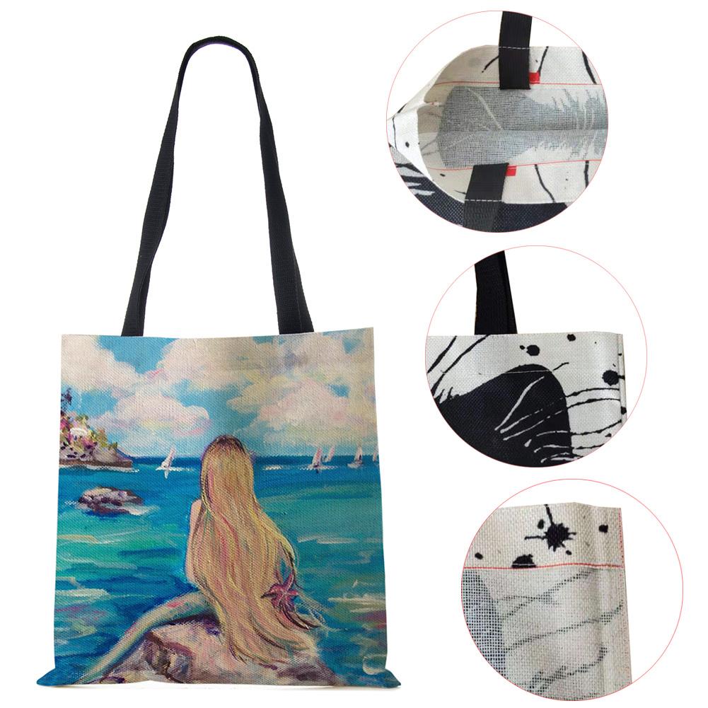Сумка на плечо с изображением Русалки и пейзажем, 2022, женская многоразовая холщовая сумка-тоут Harajuku, повседневная складная сумка для покупок для покупок