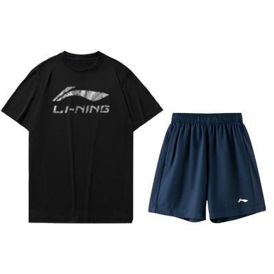 Li Ning Logo Short Sleeve Shorts Casual Sports Suit Men suit Black Navy-Blue ATST631-1+AKST633-2