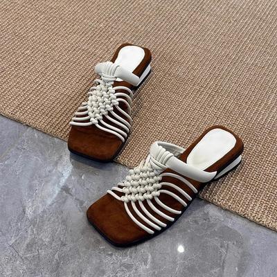 Персонализированная версия~ Французское ощущение ходьбы по говну на толстой подошве, в прохладных тапочках в римском стиле, женские плетеные вручную тапочки на низком каблуке с перемычкой