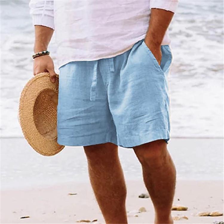 Men's Shorts Cotton Linen Summer Drawstring Elastic Waist Straight Leg Solid Colour Comfortable Breathable Short Daily Beach