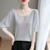 Тенсел Лен Футболка Вязаная с Круглым Вырезом Короткий Рукав Женская Летняя Стиль Нового Года Однотонная Полая Тонкая Базовая Футболка Топ