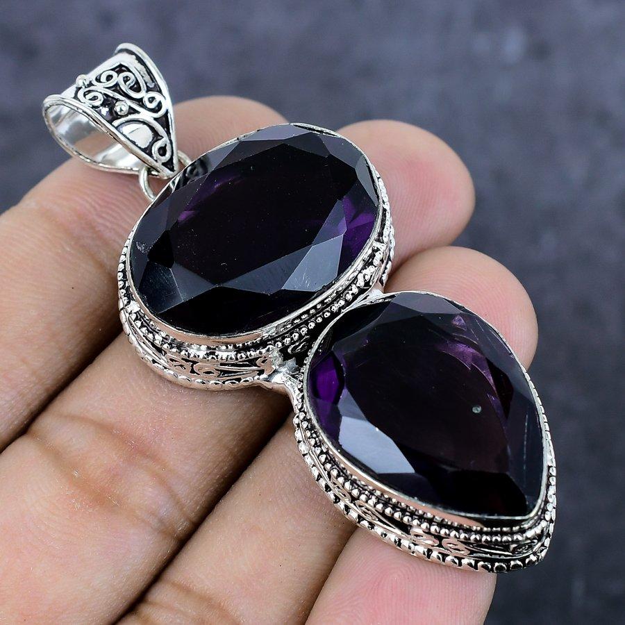 Аметист Драгоценный камень Ручная работа 925 Стерлинговое серебро Ювелирное изделие Подвеска 2.56" u9K09