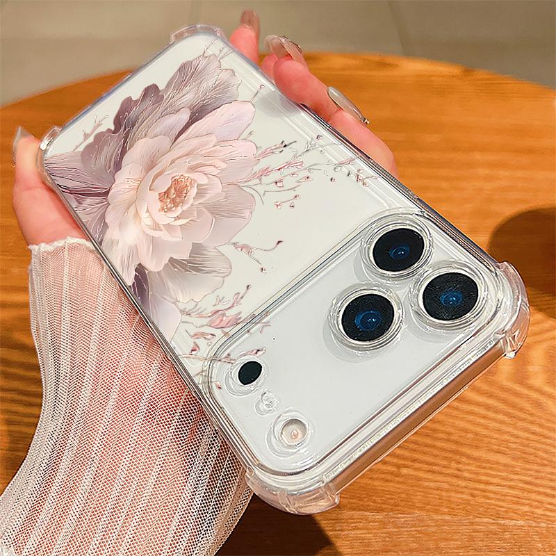 Чехол с цветочным узором из пионов для iPhone 17 Pro Max Coque iPhone 16 15 14 13 Pro Max 11 Ударопрочный прозрачный мягкий силиконовый чехол