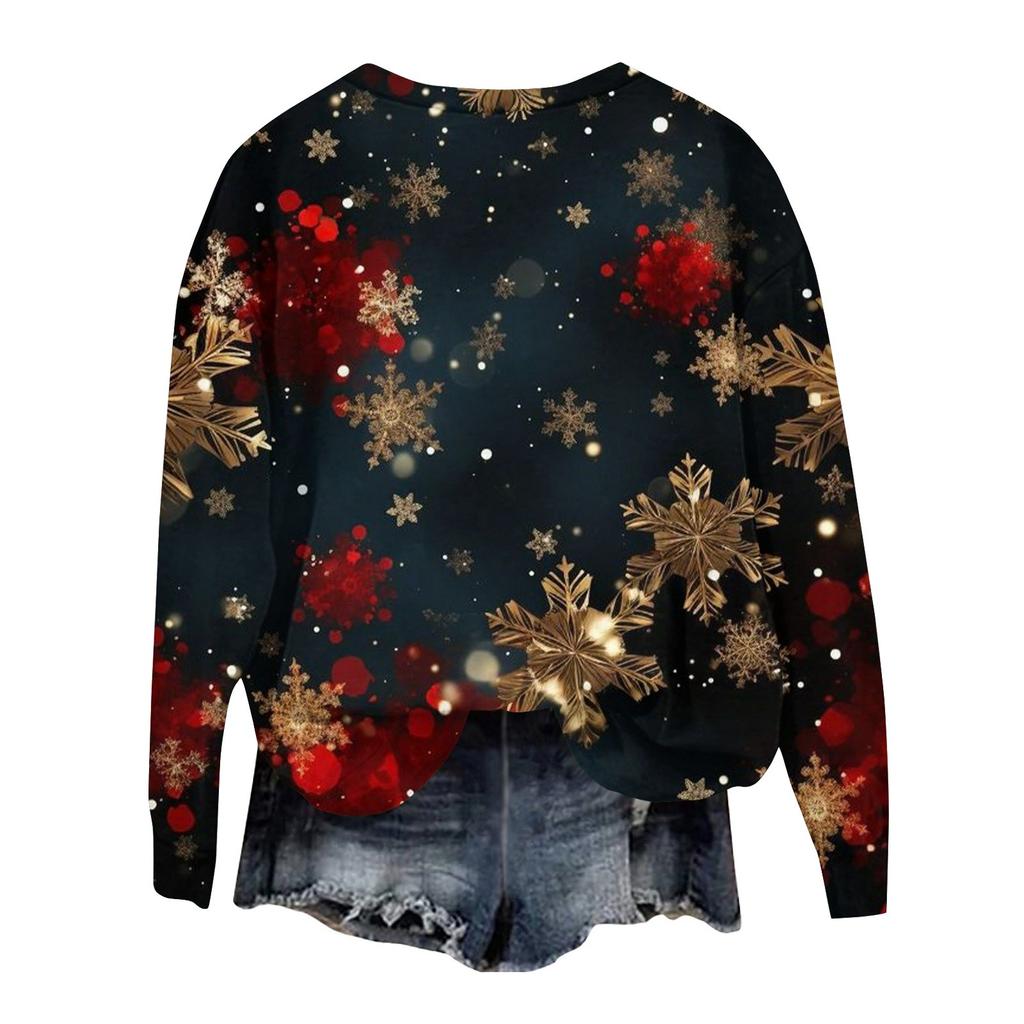Женская модная рождественская принтованная толстовка с длинным рукавом и круглым вырезом