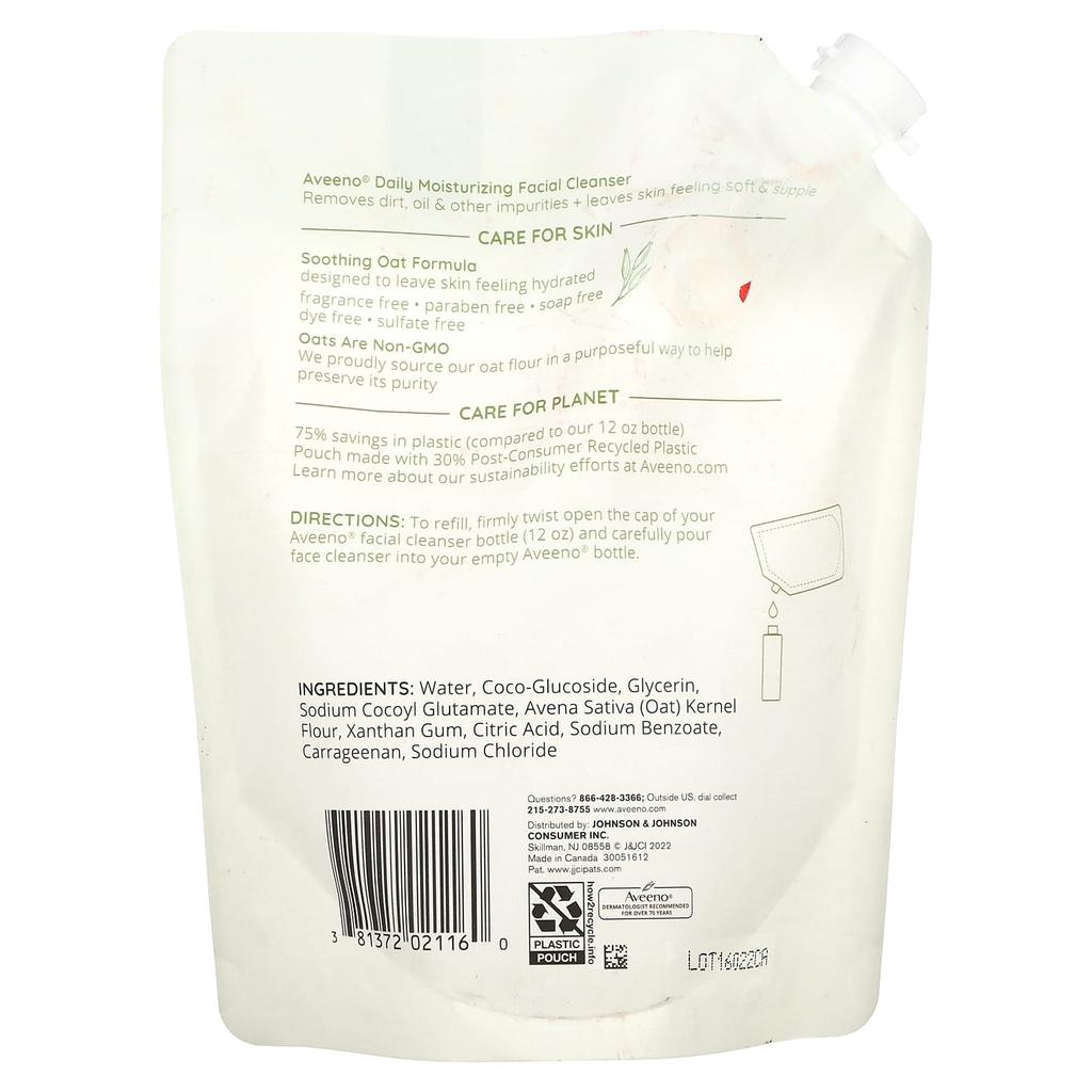 Aveeno Ежедневное увлажнение, очищающее средство для лица, сменный блок, для сухой кожи, без отдушек, 16 жидких унций. (473мл)