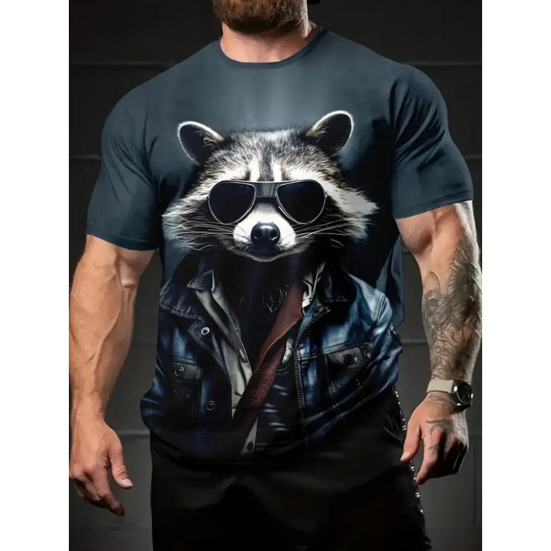 Summer 3D Cat Patternraccoon T-Shirt for Men Animal Cartoon Animal Pattern Tees Loose Round Neck Tops T Shirts Short Sleeves