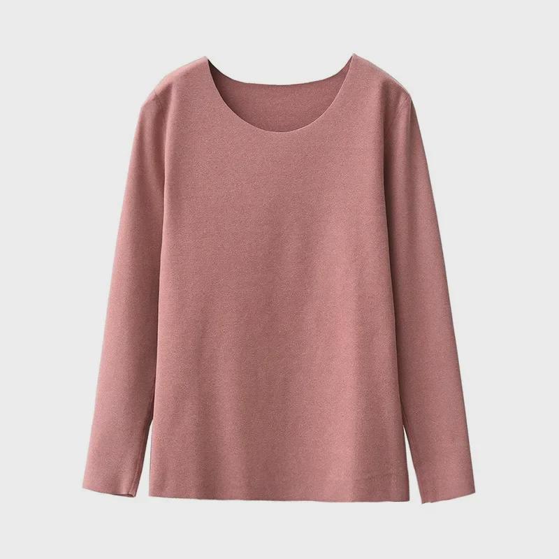Женская немецкая бархатная терморубашка с длинным рукавом и зауженным кроем — бесшовная, с круглым вырезом, с утолщенным бархатом для осени и зимы