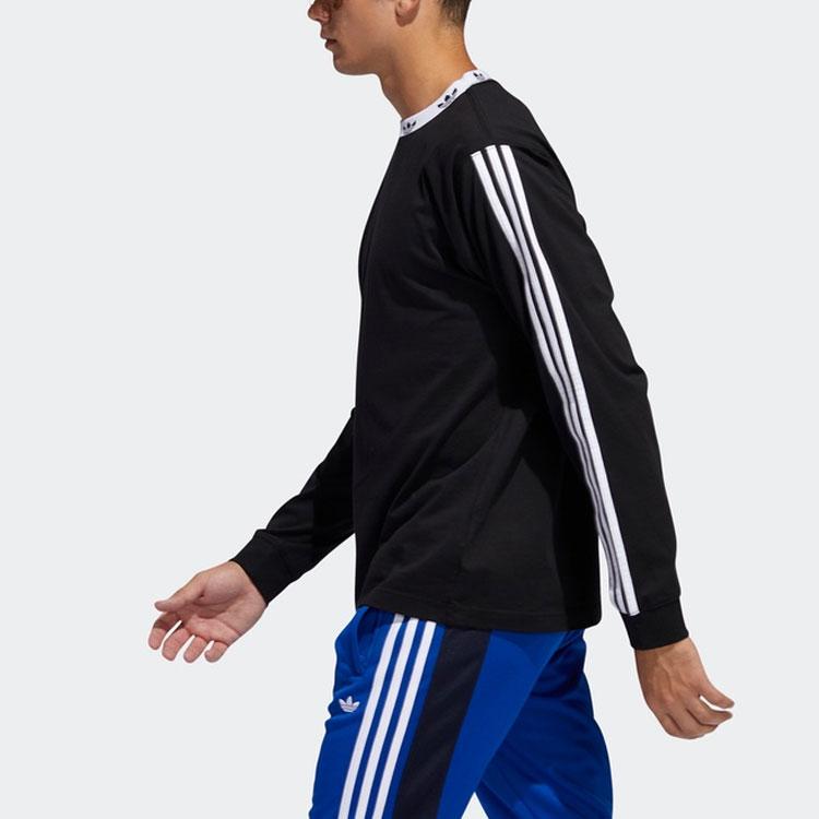 adidas Мужская футболка с длинными рукавами в рубчик в виде трилистника Originals и воротником с вышивкой логотипа, черный FM1506
