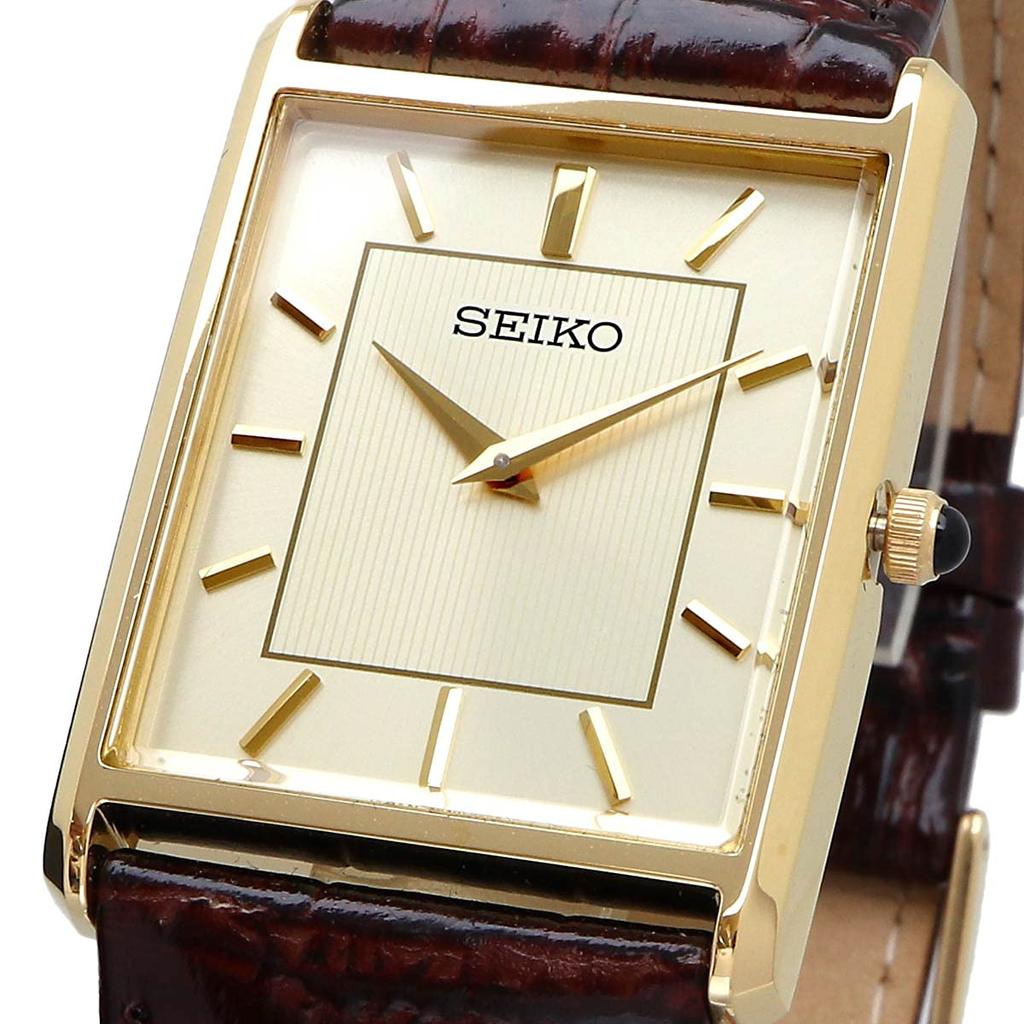SEIKO Мужские часы Квадратный дизайн Кварцевые SWR064 Циферблат цвета шампанского золота × Коричневый кожаный ремешок
