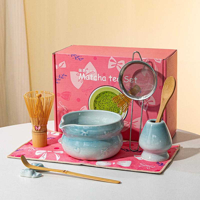 8pcs Authentic Japanese Tea Ceremony Set - Pink Ceramic Matcha Bowl with Whisk Stand