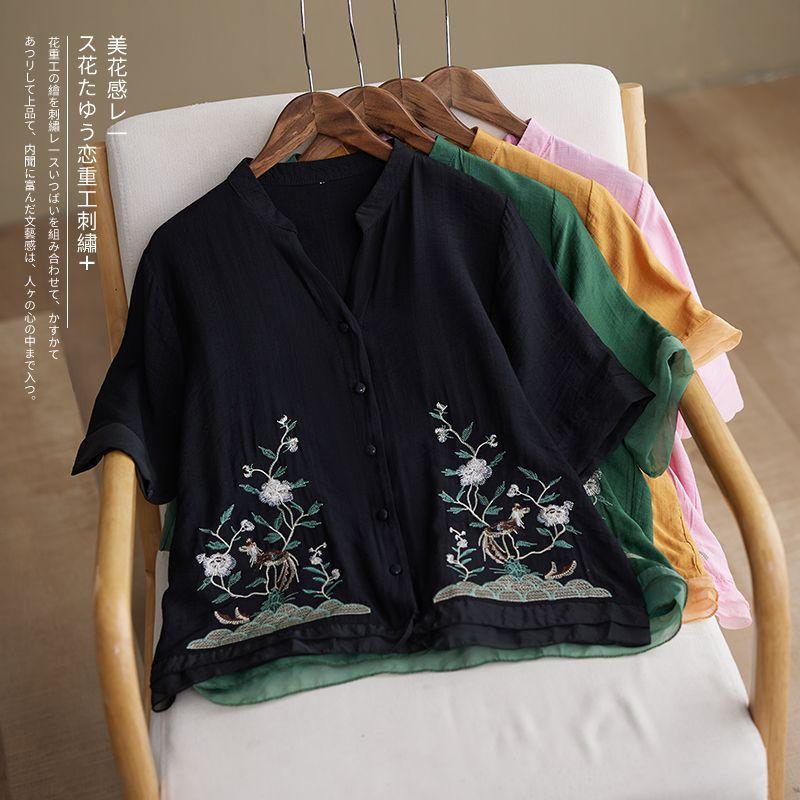 Летняя новая хлопково-льняная рубашка с коротким рукавом, ретро вышивкой, V-образным вырезом, свободный и тонкий топ, женская одежда