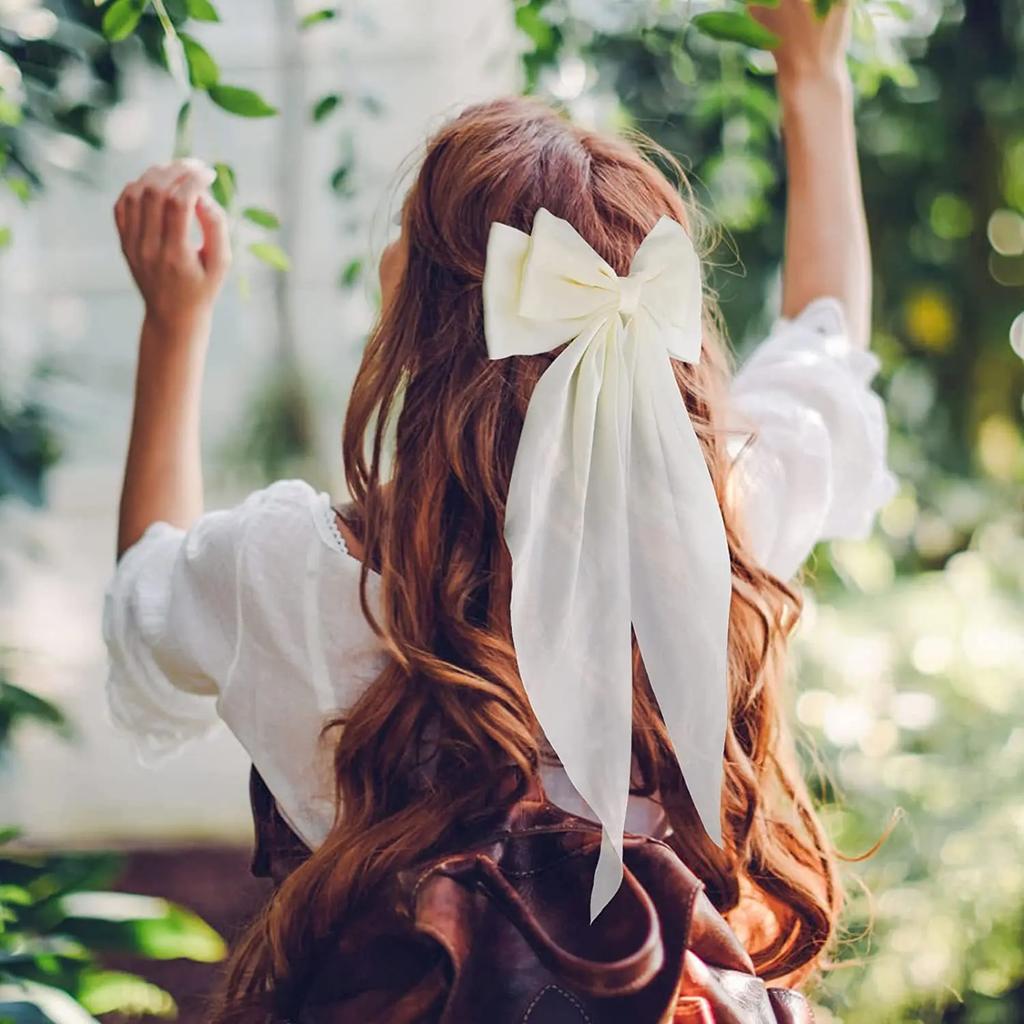 Women Solid Color Long Big Bow Long Float Satin Spring Clip Back Head Hair Clip Internet Red with The Same Temperament Elegant