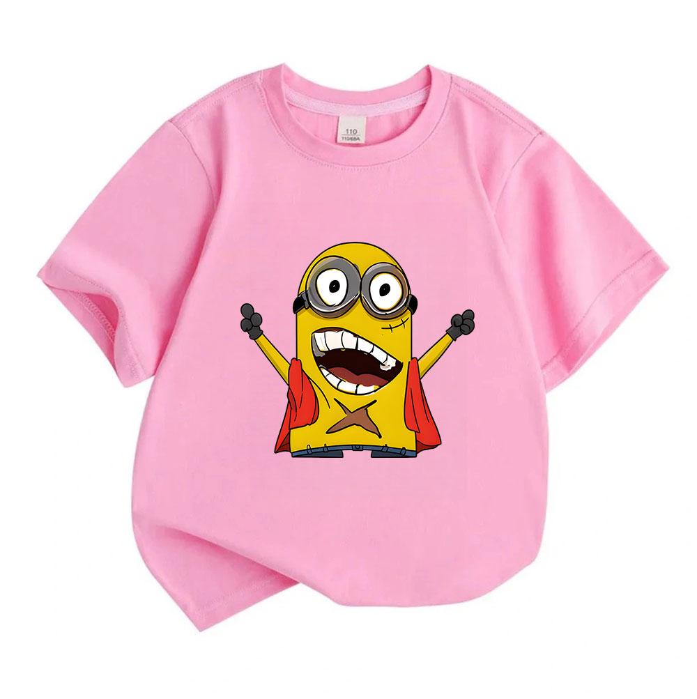 Kids Boys Girls 100% Cotton O-neck Short Sleeve T-shirt, Excited Yellow Character with Red Cape Print Casual Soft Tee for Daily Wear, Holiday Gift for
