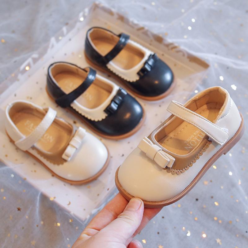 Girls' PU Shoes 2024 Spring Kids New Black Cute Bow Children's Solid Color Loafer Beige Size 21-30