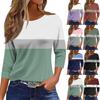 Women's Fashionable Casual Round Neck T-Shirt With Striped Patchwork Print And Three-Quarter Sleeves