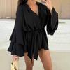 Женское летнее платье-рубашка с оборками, длинными рукавами, V-образным вырезом, короткое платье из шифона, А-силуэта, завязывающегося на талии, струящееся мини-платье