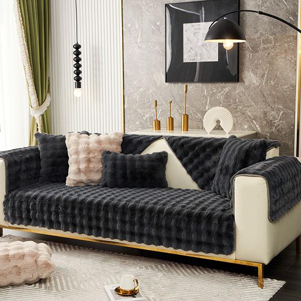 Rabbit Plush Sofa Cushion Winter Padded Plush Cushion Non-slip Leather Sofa Cover Cover Cloth Towel