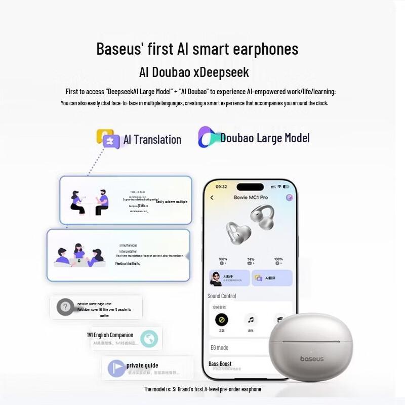 Baseus MC1 Pro AI Translation Open-Ear Clip-On Bluetooth Earbuds