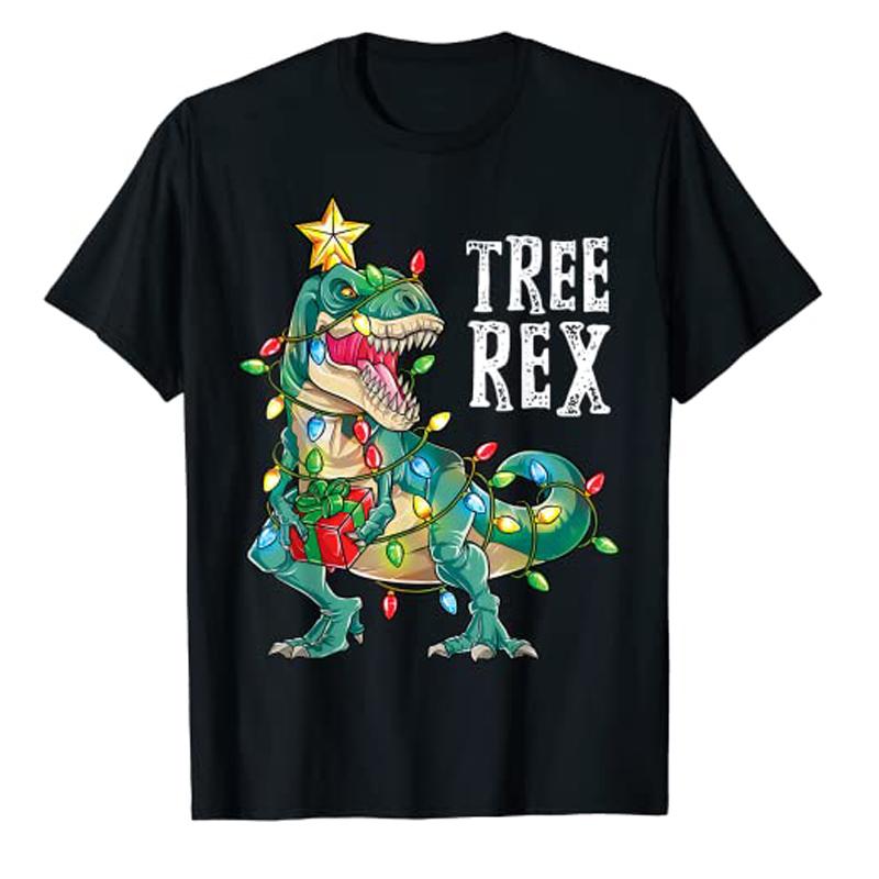 Christmas Dinosaur Tree Rex Pajamas Unisex Boys Xmas Lights TShirt Gift Cute Dino Wear Xmas Lights Graphic Tee Top Family Matching
