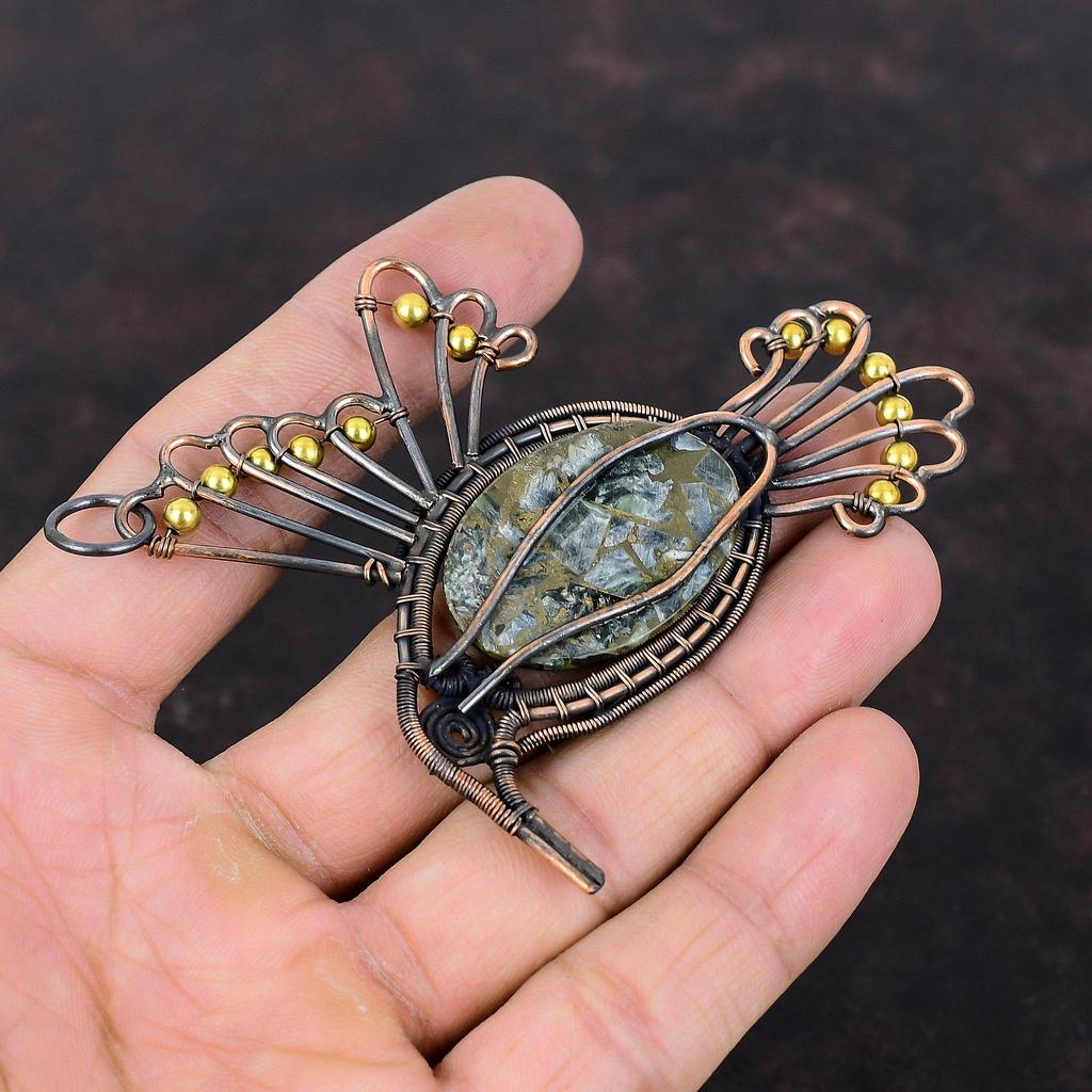 Copper Seraphinite Pendant Copper Wire Wrapped Pendant Dainty Gemstone Jewelry Handmade Bird Pendant Gift For Her Seraphinite Copper Jewelry