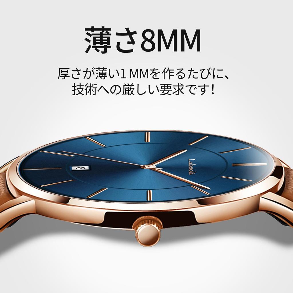 Ultra Thin Simple Casual Business Japanese Quartz 40mm Genuine Leather Unisex Band Rose Gold Blue Men's Watch, 6.5MM, Fashion, Watch, Movement, Dial,