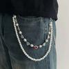 KunJoe Hip Hop Layered Imitation Pearl Pant Chain Wallet Belt Chain Men Women Punk Heart Rhinestone Keychain Jeans Accessories
