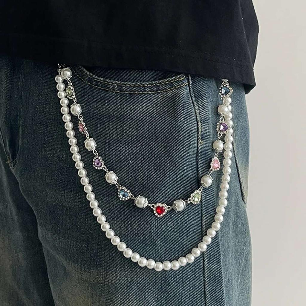 KunJoe Hip Hop Layered Imitation Pearl Pant Chain Wallet Belt Chain Men Women Punk Heart Rhinestone Keychain Jeans Accessories