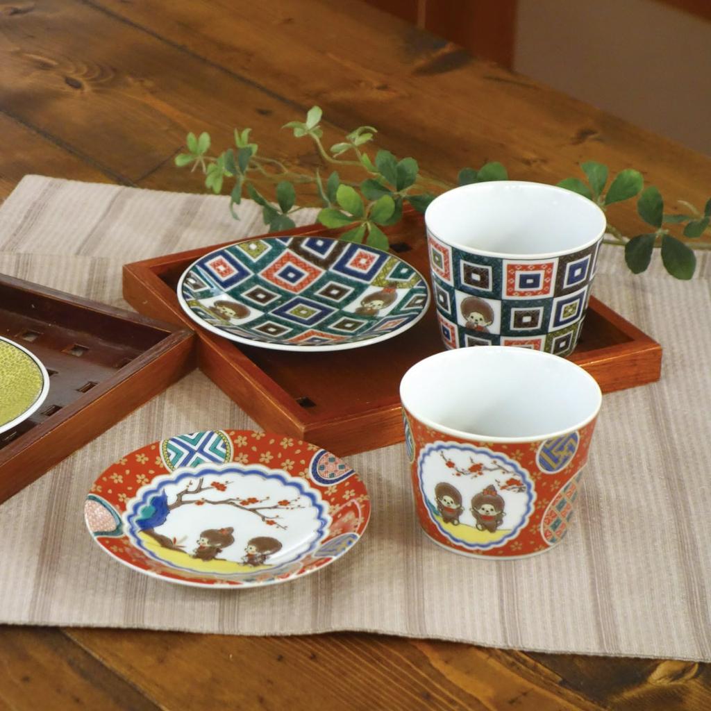 Kutani Ware Soba Choko 8cm Diameter X 7cm with Old Kutani Iroe Stone Pavement Made In Product Number 712114 "Monchhichi" (Soba Cup), Approx. Height,