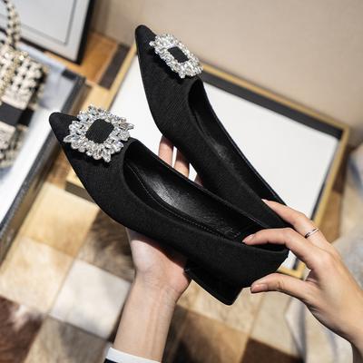 Су Иньинь Вальс~ Балетки с острым носком и квадратной пряжкой со стразами, женские туфли на толстом каблуке, весенние модели