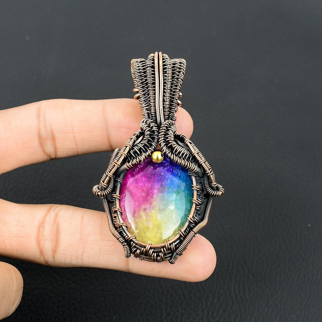 Rainbow Solar Quartz Gemstone Handmade Pure Copper Wire Wrapped Pendant Jewelry For Memorial