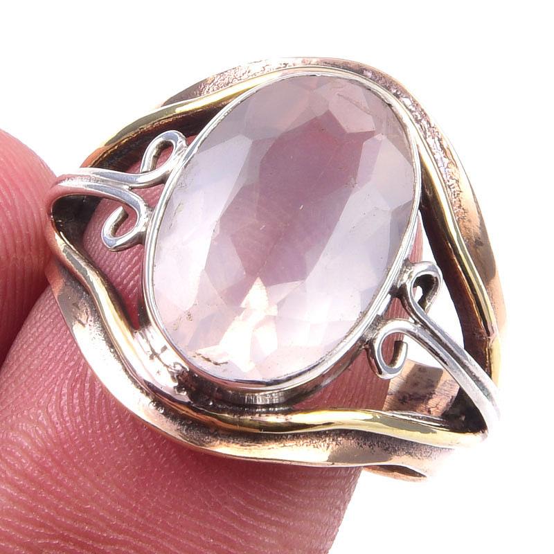 Natural Rose Quartz Gemstone 925 Sterling Silver TwoTone Gift Ring S.8.5 F0c03