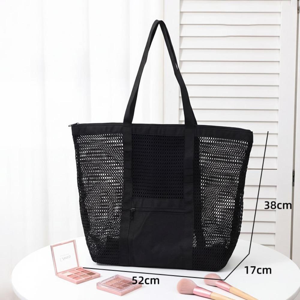 Soild Color Nylon Mesh Beach Bag Zipper Large Capacity Mesh Handbag Hollow Out Multifunctional Toiletry Storage Bag Cosmetic Bag