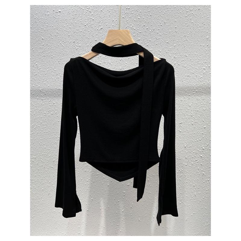 Укороченные футболки Y2K, женские шикарные топы с длинными рукавами, женская винтажная модная футболка с открытыми плечами, женская весенняя повседневная футболка на шнуровке