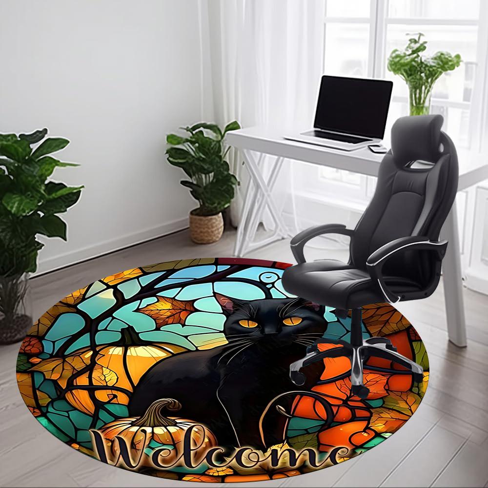1pc Pumpkin Cat Office Round Area Rug, Under Office Chairs Bedroom Living Room Home Decor, Room Deco, Available in Various Sizes