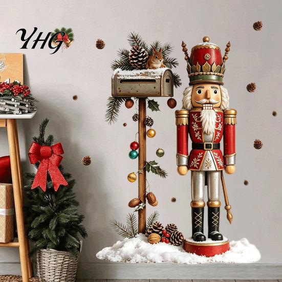 PVC Seasonal Wall Murals for Bedroom Christmas Nutcracker Soldier Decal, Vintage Mailbox Snow Scene Self-Adhesive Retro Style Festive