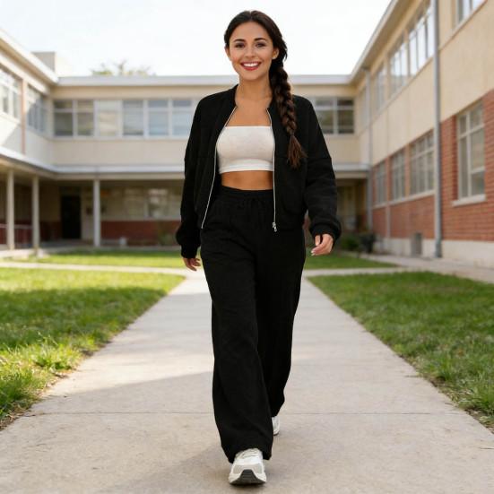 Женский комплект из 2 предметов Осень Длинный рукав Молния Толстовка И Широкие штаны Спортивный костюм Повседневный Комплекты для отдыха