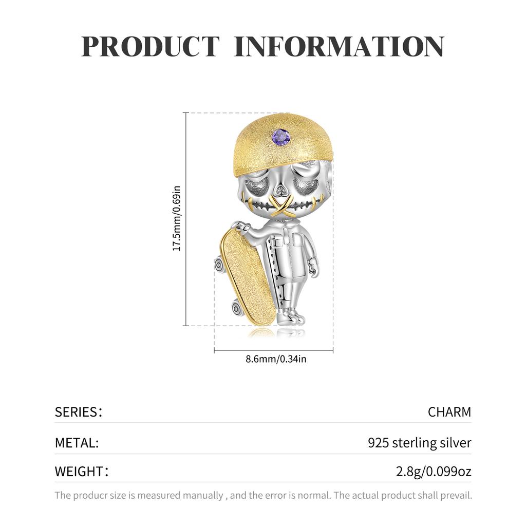 Skateboard Skull Charm 925 Sterling Silver Christmas Skeleton Beads for Women Fine Charms Bracelet Jewelry Making