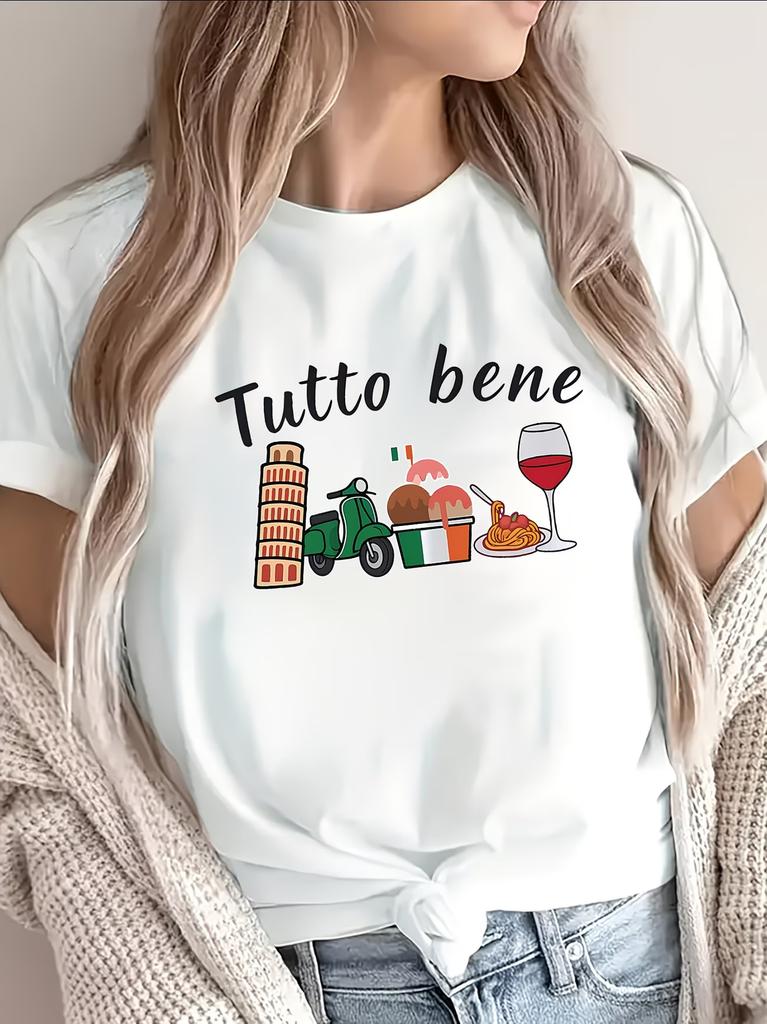 Tutto Bene Италия Футболка Женская Итальянский Отпуск Графическая Футболка Смешная Башня Пизы Мороженое Вино Принт Летняя С Коротким Рукавом Туристический Топ