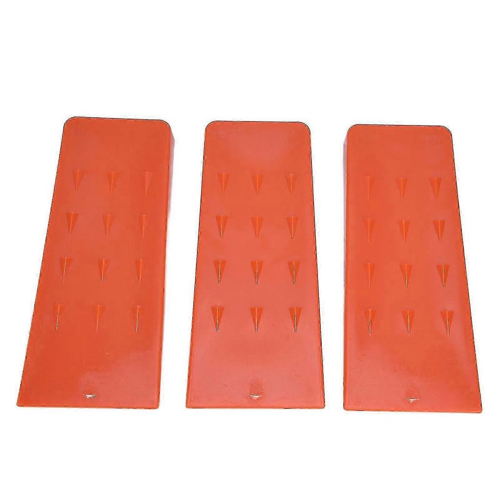 Three 8-inch logging wedges, made of pointed plastic, are safe logging tools suitable for chainsaws and tree cutting.