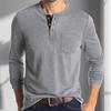 Men Spring Top with Chest Pocket Buttoned O Neck Slim Fit Long Sleeve Bottoming Clothes Solid Color Stretchy Pullover T-shirt