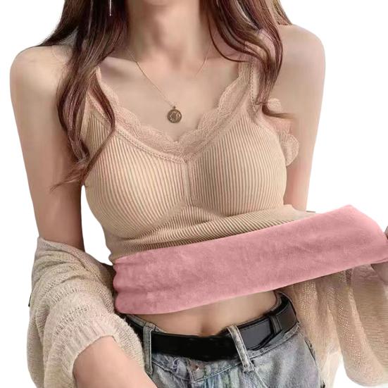 Women Thermal Vest Lace Trim Plush-lined V Neck Sleeveless Thread Solid Color Slim Fit Elastic with Chest Pads Layering