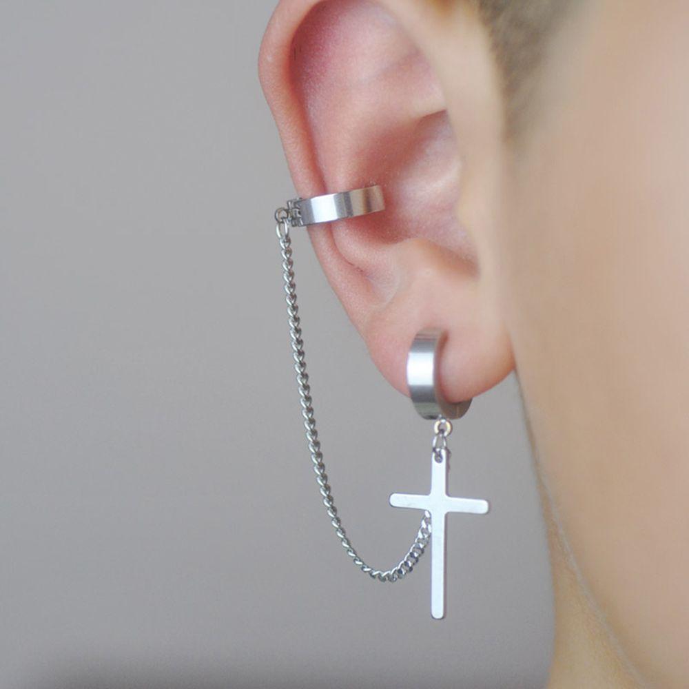 Black New Cross Ear studs Stainless steel Earrings Chain