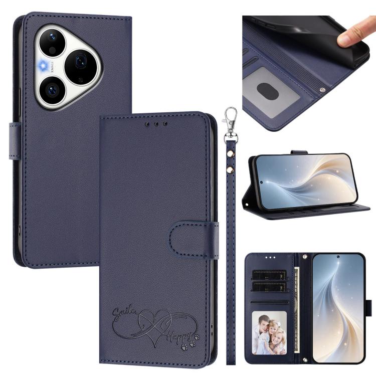 Happy Heart Pattern Magnetic Closure Vegan Leather Phone Case with Wrist Strap For Huawei Mate 60