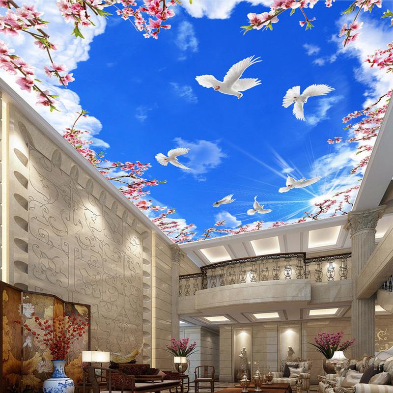 Фото обои потолок 3D голубое небо белые облака цветочные ветки белые голуби большая настенная живопись украшение гостиной