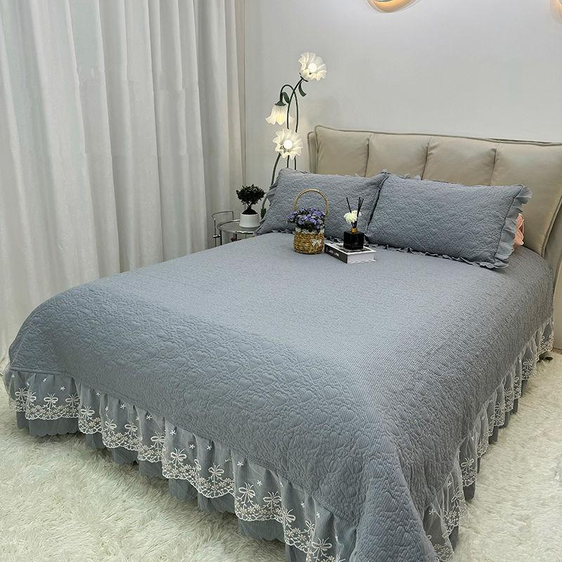 Покрывало на кровать из пузырчатого хлопка с кружевом, однотонное, противоскользящее, принцессное кружево, утолщенное кружево, подходит для всех сезонов