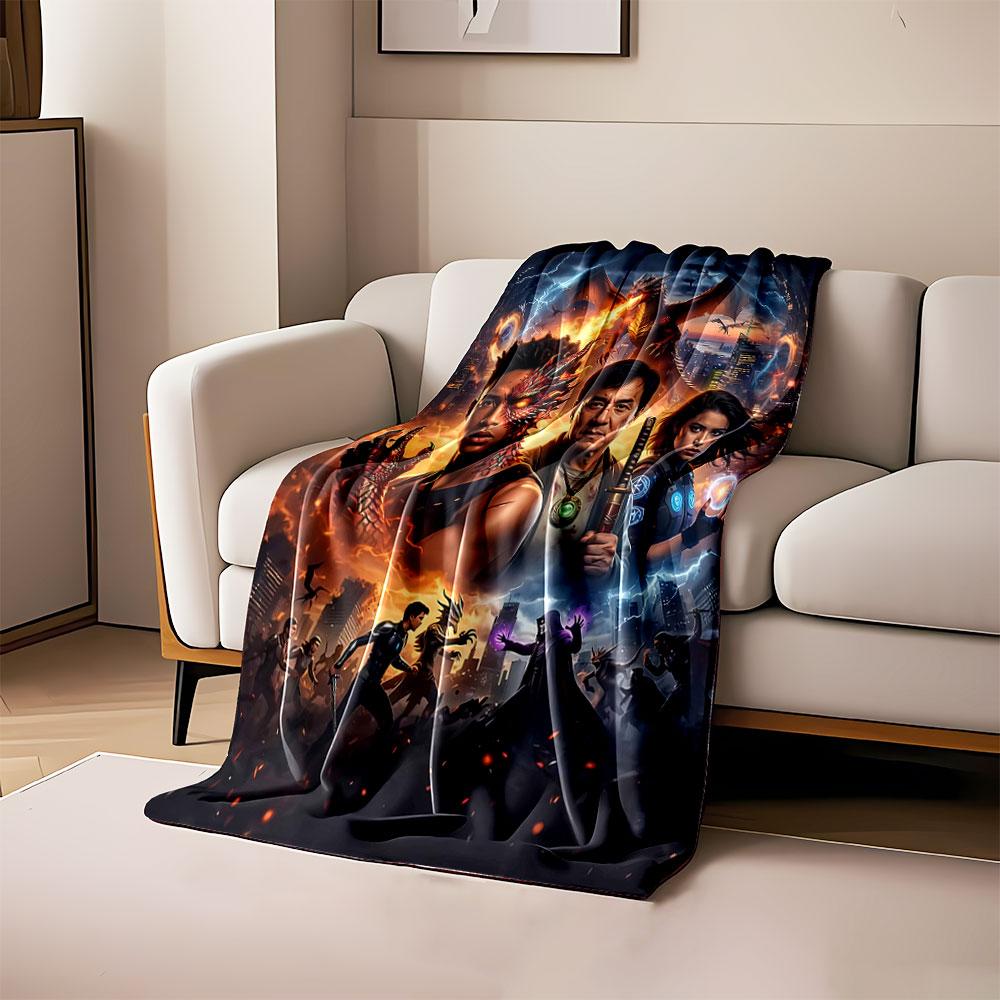 Fantasy battle with a dragon, magical powers, and heroes in urban chaos. for all seasons blanket lunch break throw gift