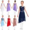 Girls Lyrical Dance Dress Sleeveless Shiny Rhinestones Flower Pattern Asymmetrical Side Slit Design Leotard