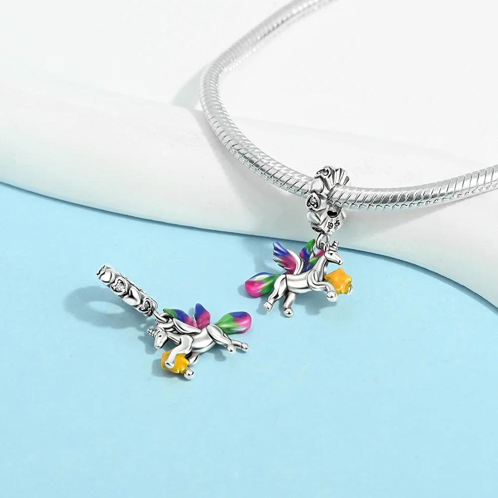 Изысканные Шармы Бусины Розового Цвета Медь Милая Девочка Страна Чудес Единорог Цвет Сердце Форма Подвеска Подходит Браслету-Бэнглу Ювелирные Изделия